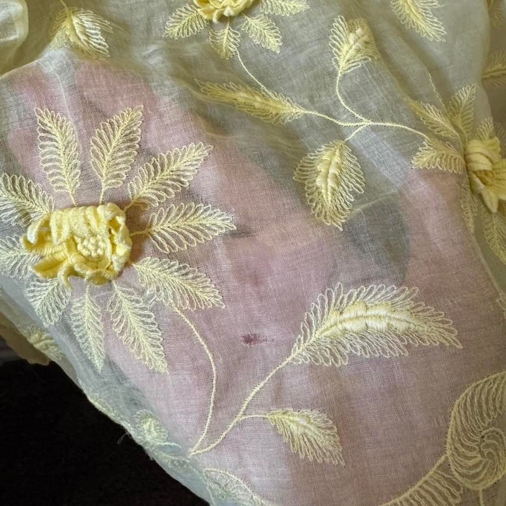Vintage 60s / 70s Lemon Yellow Sheer Long Sleeve Maxi Dress 3D flower applique - Picture 7 of 8